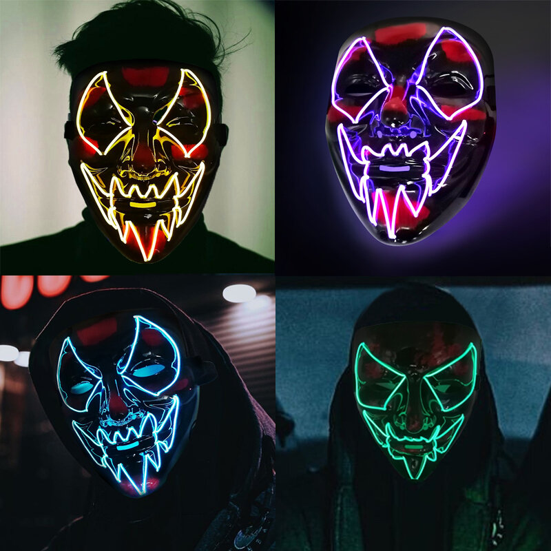 Máscara brillante para Halloween, mascarilla LED de terror con palabra V negra, accesorios de atmósfera fluorescente, suministros de decoración para Cosplay