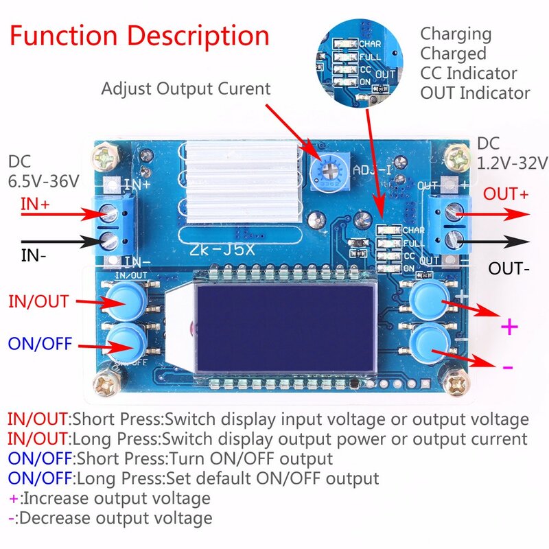 Module d'alimentation abaisseur CC/ CV réglable, affichage LCD, convertisseur Buck, carte de charge de batterie au Lithium, CC 6.5-36V à CC 1.2-32V 5a