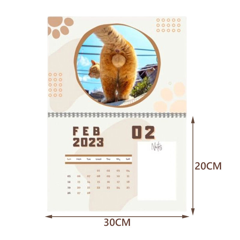 Gato engraçado calendário gato temático calendário de parede com corda de suspensão gato buttholes calendário 2023