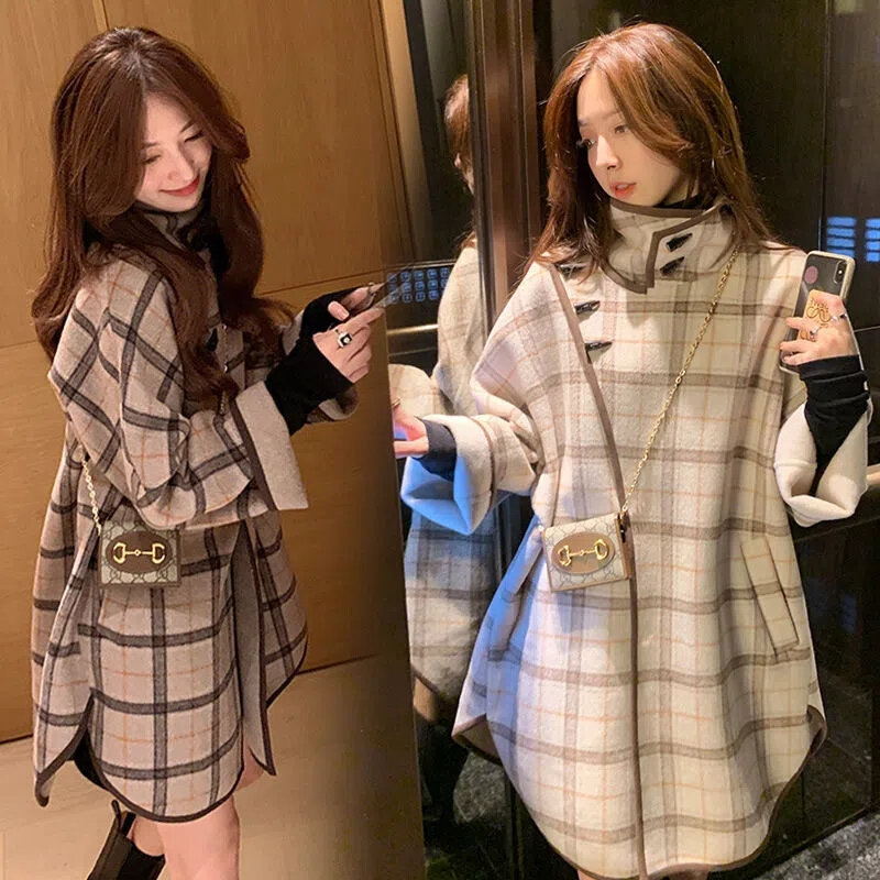 Coreano de alta qualidade xadrez casaco de lã 2023 outono e inverno feminino novo botão lateral aberto antigo solto médio e longo casaco