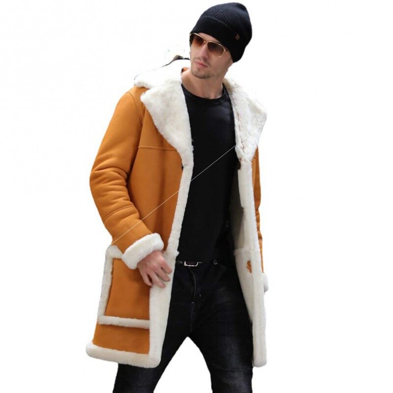 Jaket Musim Dingin Pria Domba Wol Kehangatan Mode Kerah Mantel Wol Lengan Panjang Bulu Satu Potong Jaket Bomber Menebal
