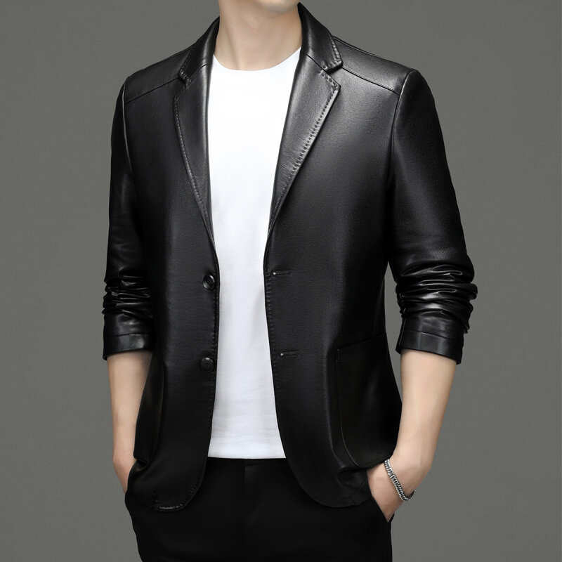 Haining Spring and Autumn New Leather Coat Men's Suit Slim-Fit Young and Middle-Aged Leather Jacket Small Suit Casual Jacket