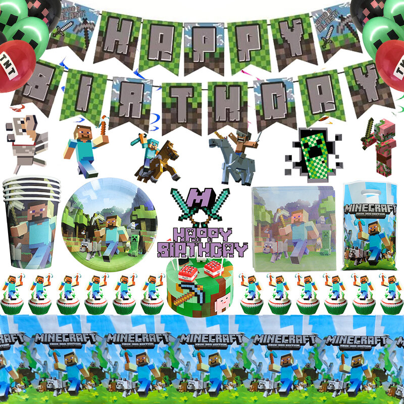 Miner Crafting Pixel Jogo Birthday Party Decorações Incluem Copos De Papel Placas Balões Banner Toalha De Mesa para Crianças Baby Shower