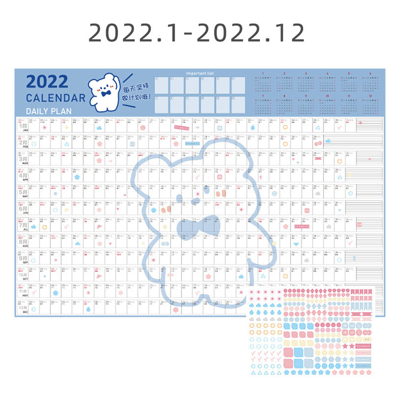 2022 Tahun Kalender Dinding dengan Stiker 365 Hari Jadwal Harian Perencana Berkala