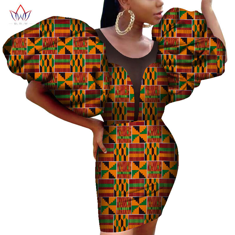 Afrikanische Sommer Bleistift Mini Kleid für Frauen BINTAREALWAX Große Puff Hülse Über-knie Länge Sexy Frauen Baumwolle Kleid Ankara WY8585