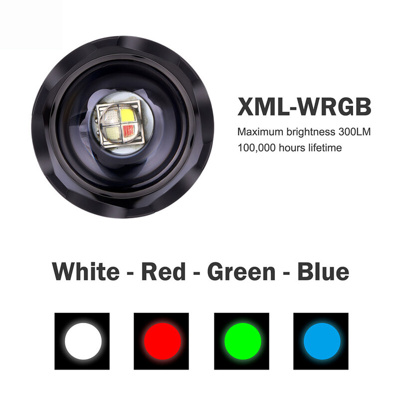 Linterna táctica LED 4 en 1 con zoom, luz roja/Verde/azul/blanca, resistente al agua, con cargador de batería 18650