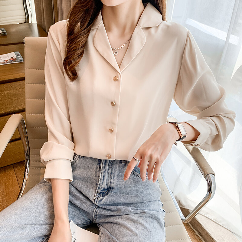 Kemeja Wanita Solid Blus Atasan Kerja Wanita Kantor Lengan Panjang Leher Lengkung Rendah 2022 Kemeja Musim Semi Baru Mode Camisas Mujer