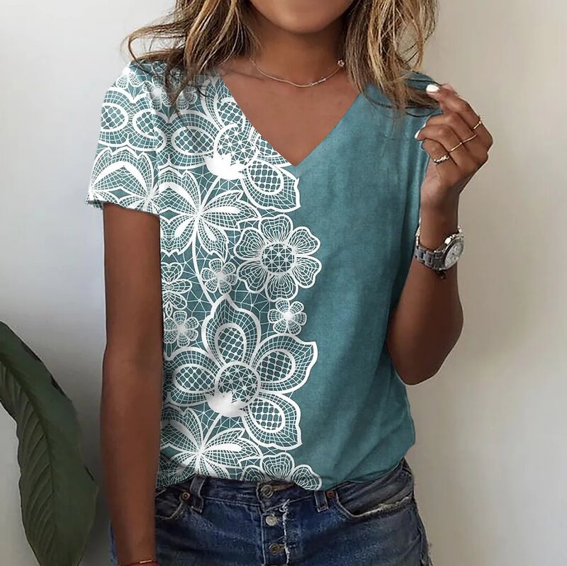 Женская футболка с цветочным принтом, V-образным вырезом и коротким рукавом