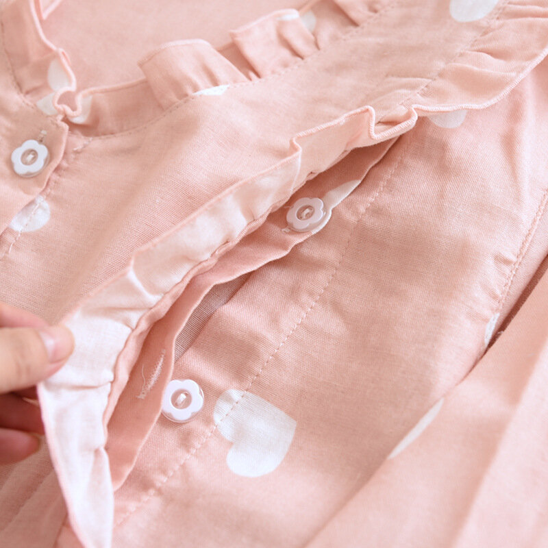 産後の綿のパジャマ,ダブルガーゼ,Vネック,長袖,レースの襟,母乳育児服