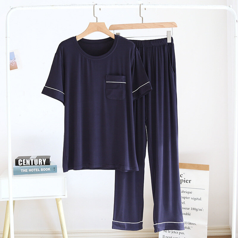 Modal Home Wear Set Man Short Sleeve Trousers Spring Summer Thin Long Sleeves Dady Crew Neck Side Pockets Pajamas Lounge bedroom
