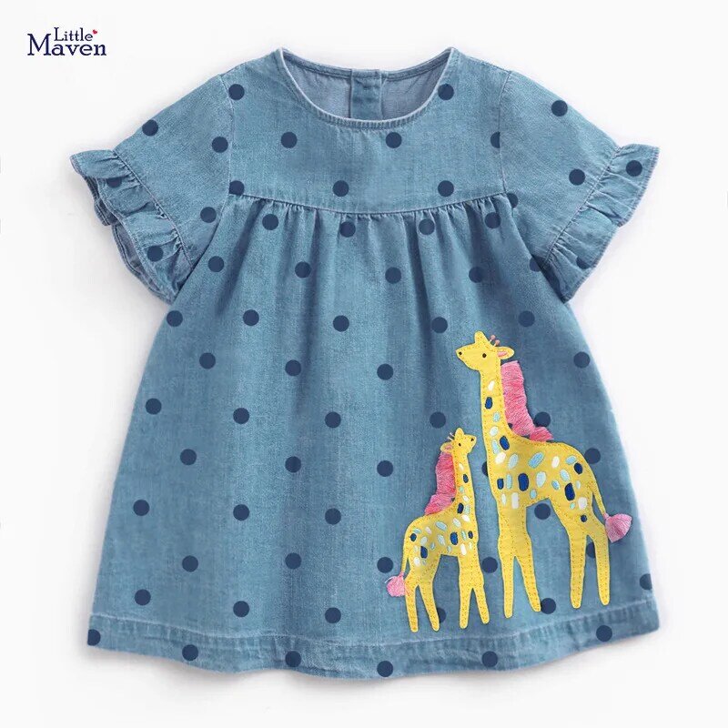 Children 2022 Summer Baby Girls Clothes Brand Vestiods Toddler Cotton Dot Giraffe Denim Color Dress for Kids 2 3 4 5 6 7 Years