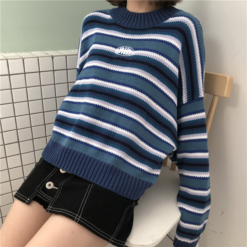 Maglione Clarissa maglione oversize a righe blu e bianche pullover tagliati con collo a lupetto ricamato maglioni da donna Harajuku/