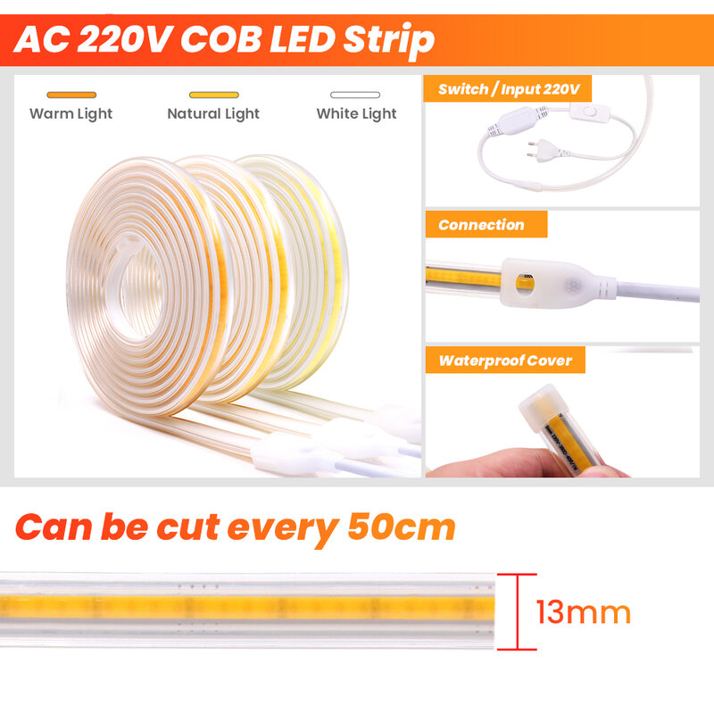 220V COB LED Strip with Dimmer High Density 360Leds/m Linear Light Switch Waterproof Outdoor LED Ribbon Flexible COB LED Tape