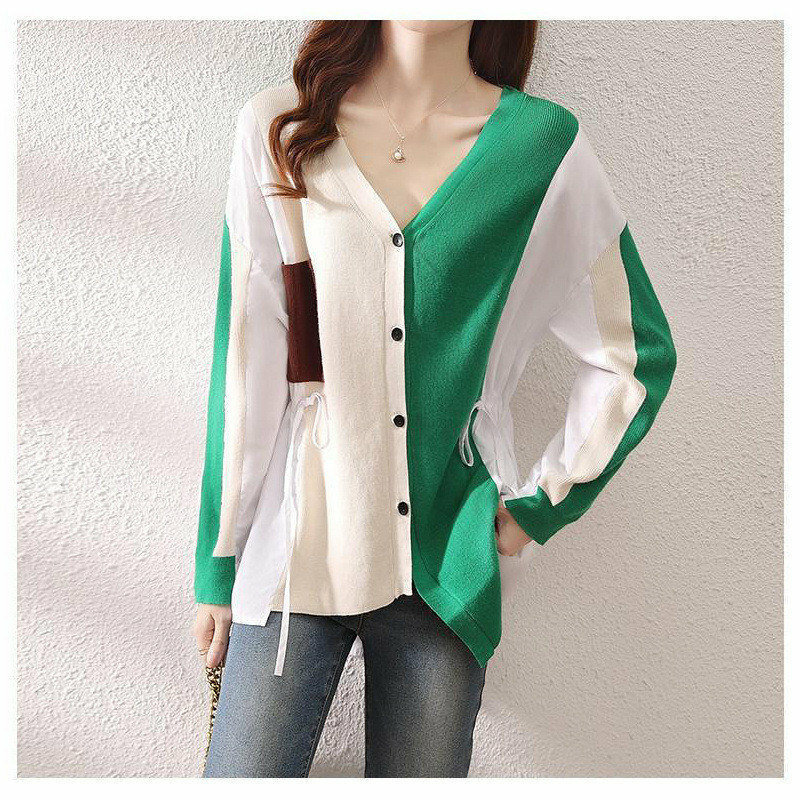 Korean Fashion V Neck Single Breasted Contrast Color Knitted Cardigan Women Autumn Loose Asymmetrical Blouse Top Female Clothing