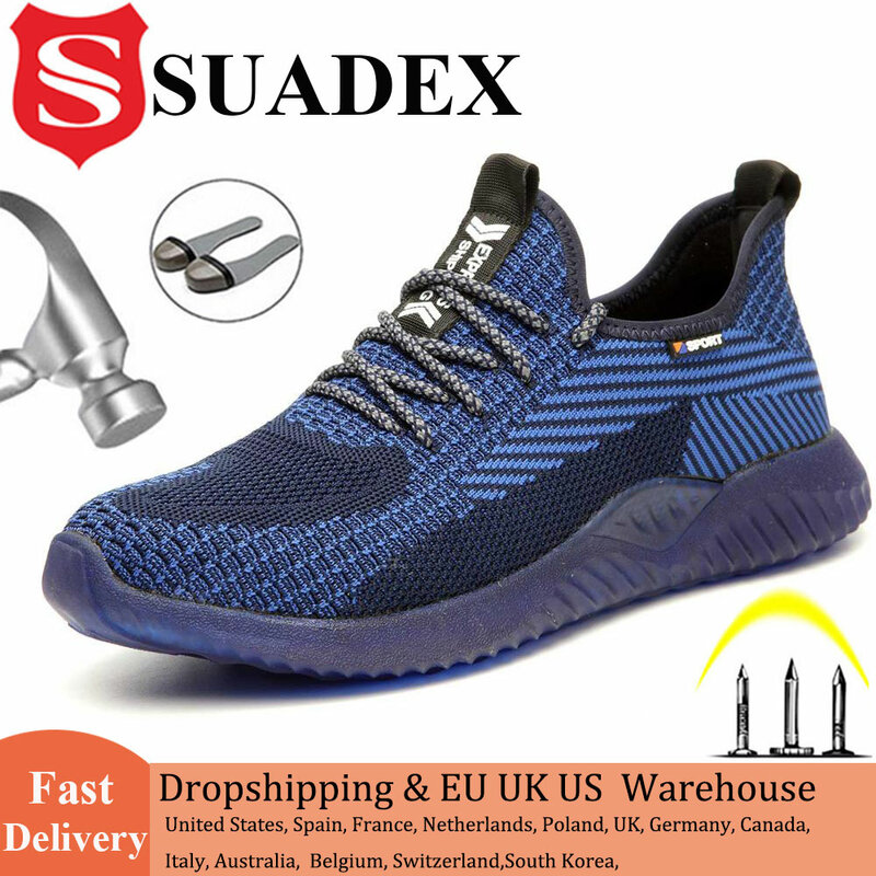 SUADEX Sepatu Kerja Keselamatan Ujung Besi Pria Anti-benturan Sneakers Konstruksi Industri Nyaman Bersirkulasi Ukuran Besar 37-48