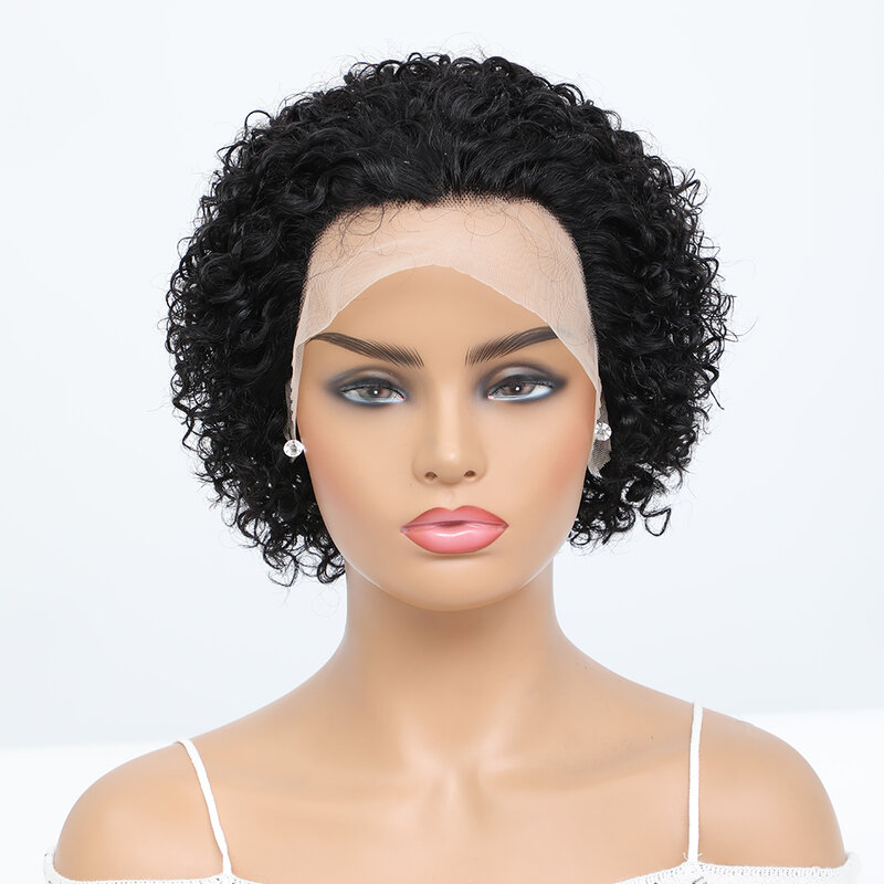 Pelucas de cabello humano 13x1 con encaje frontal en forma de T para mujeres negras, pelo corto rizado Bob Pixie, prearrancado