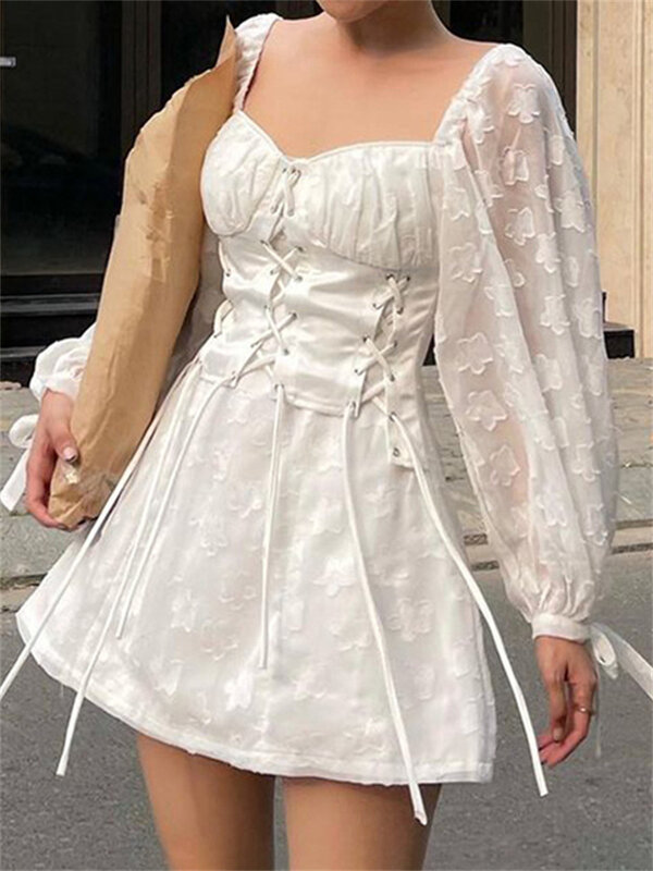 hirigin Elegant Women Summer A-line Dress Mesh Sheer Puff Sleeve Square Neck Dress Bandage Lace-up Floral Slim Vestidos 2022