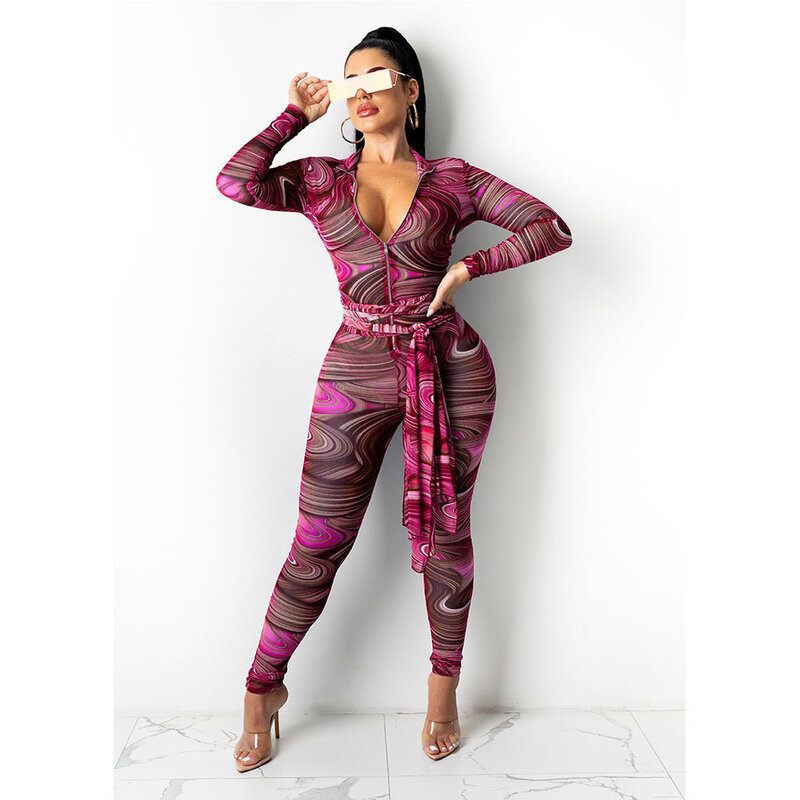 가을 패션 섹시한 Rompers 아프리카 의류 긴 소매 JumpsuitAfrican 여성의 그물 거즈 지퍼 인쇄 꽉 바지 2022