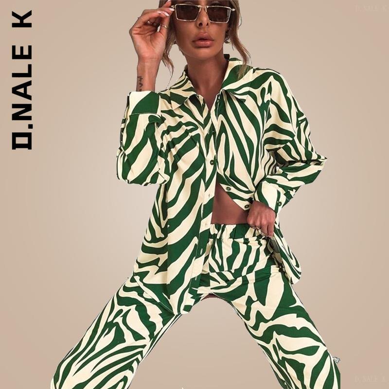 D.Nale K Elegant Long Sleeve Top And High Waist Trousers Suit Loose Stripe Women Shirt Pants Two Piece Set Trouser Suits