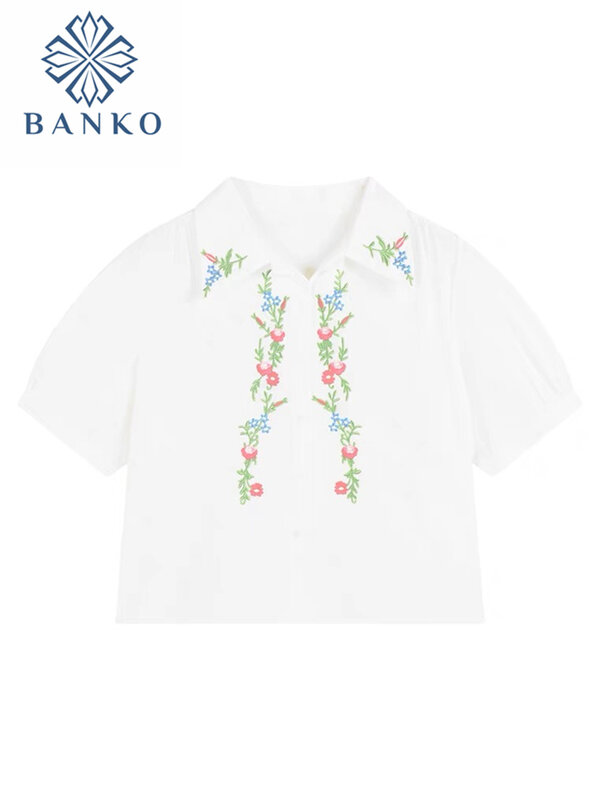 Vintage Weiß Bestickt Frauen Bluse Mode Sommer Polo Neck Kurzarm Tops Damen Shirt Lose Süße Floral Bluse Weibliche