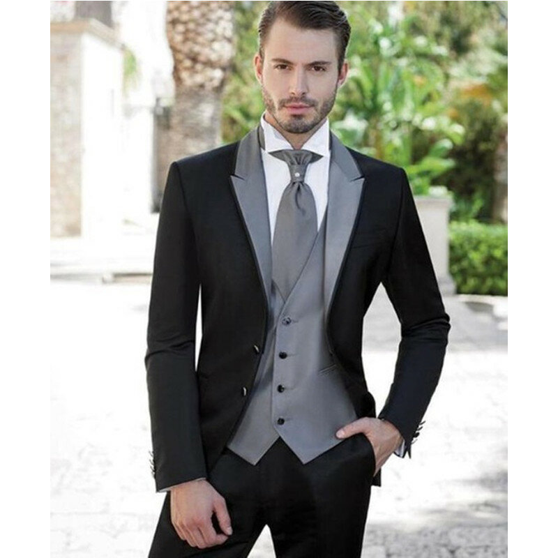 สีเทาเงิน Mens ชุด2022ชุดแต่งงานสำหรับเจ้าบ่าว Tuxedos (เสื้อ + กางเกง + เสื้อกั๊ก) สามชิ้นเจ้าบ่าวชุดปก...