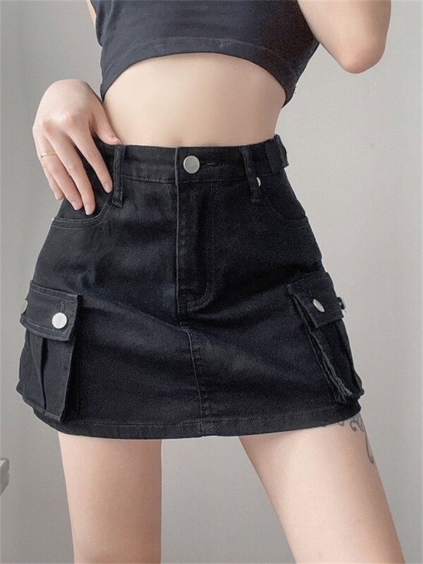 hirigin E-girl Gothic Grunge High Waist Pencil Skirts Harajuku Vintage Black Jeans Skirts Pockets Fashion Streetwear 2022 Women