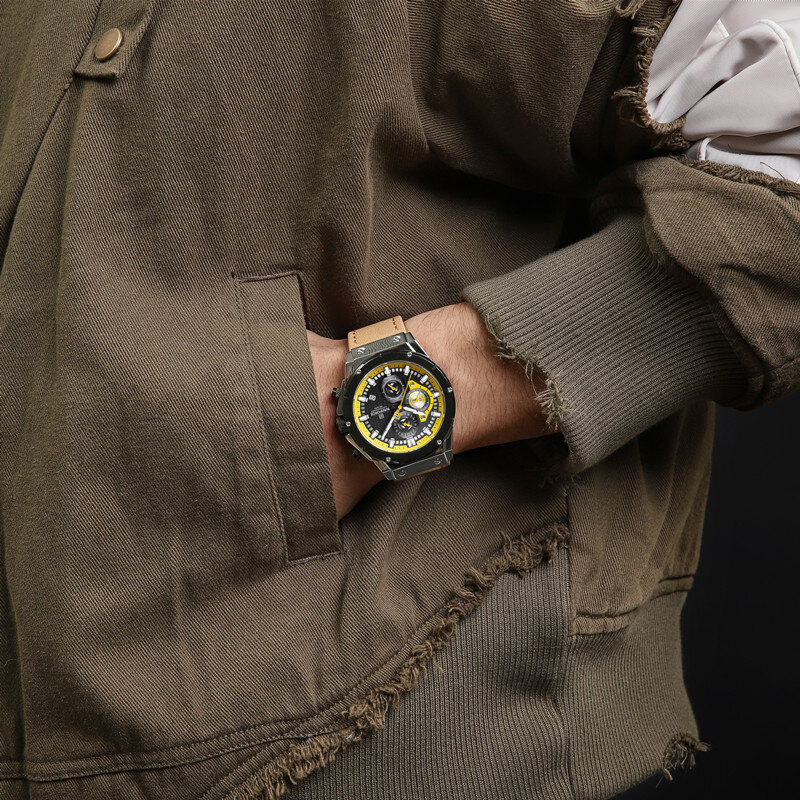 NAVIFORCE-Reloj de pulsera de cuarzo para hombre, cronógrafo de lujo, resistente al agua, con correa de cuero Vintage, luminoso