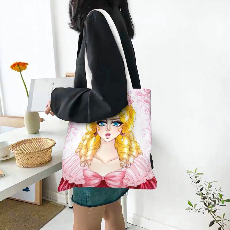 Kustom Mawar dari Versailles Kanvas Tas Belanja Wanita Portabel Gadis Manga Tas Belanja