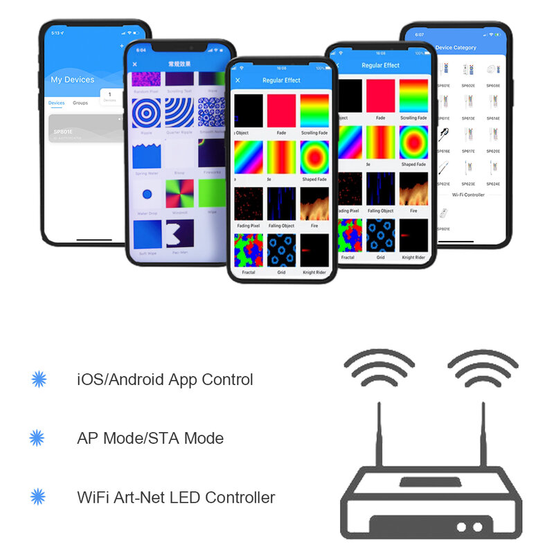 Module de panneau matriciel LED, contrôleur de bande lumineuse, contrôle Wifi magique, Programmable, application Art-Net, iOS Android, DC5-24V, SP801E, WS2812B