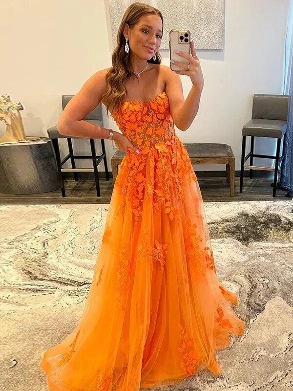 Heldere Oranje Kant Prom Dress Tulle Off-Schouder Mouwloze Een Lijn Avondjurk Lange Formele Partij Jassen Voor Vrouwen floor Lengte