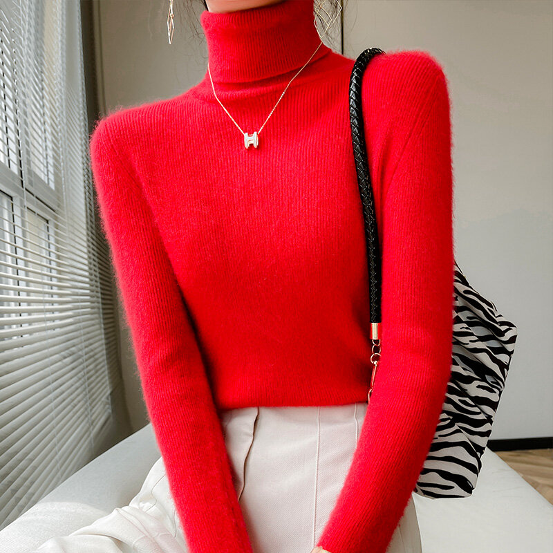 Jersey ajustado de lana con cuello alto para mujer, Jersey de punto y cuello corto de manga larga, otoño e invierno, 2022