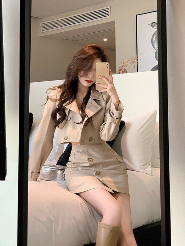 Mini jupe Vintage Blazer deux pièces pour femmes, élégant et décontracté, couleur unie, mode coréenne, ensemble de styliste Y2K, 2022