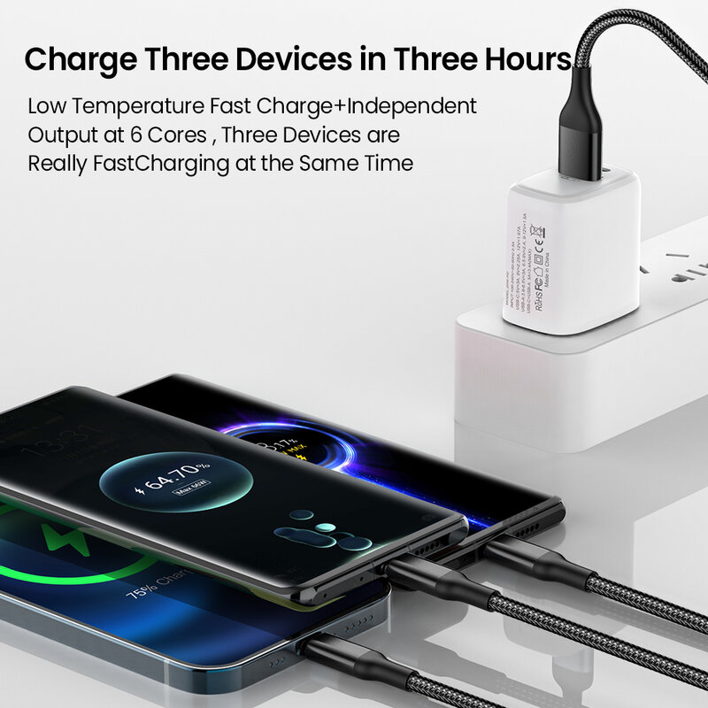 3 In 1 Fast Charging Cord 6A 120W For iPhone Huawei Micro USB Type C Charger Cable Multi Usb Port Multiple Usb Charging Cord 2M