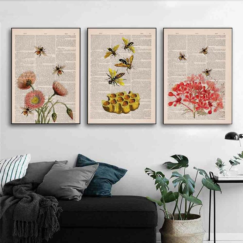 Retro art insect printing canvas painting book page wasp Wall Art poster office living room corridor home decoration mural