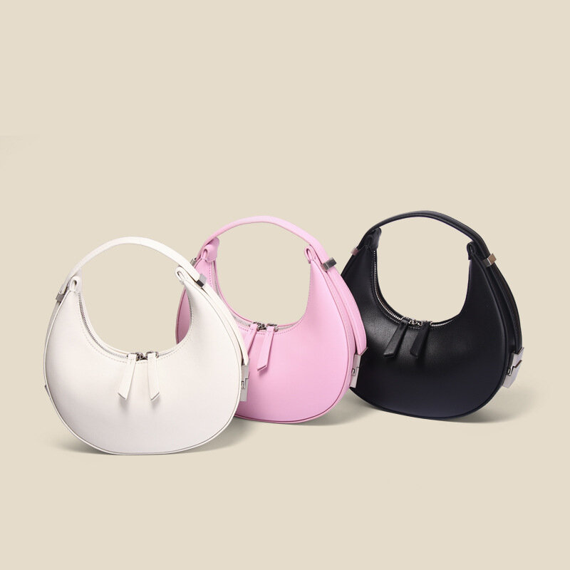 Niche Design Half Moon Cowhide Underarm Bag Mini Handbag Fresh and Sweet Solid Color Three Dimensional Bag