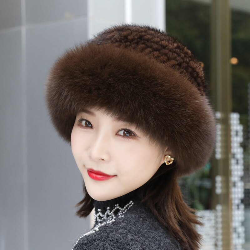 Venda quente moda inverno quente feminino malha bonés vison chapéus com pele de raposa vertical tecido superior chapéu de pele para mulher frete grátis