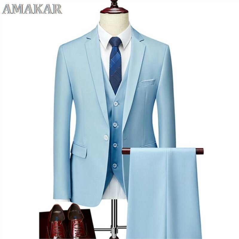 Traje informal de negocios para hombre, traje ajustado de tres piezas, conjunto de chaqueta, pantalones, chaleco/chaqueta de novio para boda, abrigo