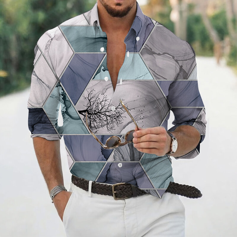 Camiseta informal hawaiana allentata, camisa de primavera, otoño, stampa digital, geométrica, rivolto, manica, lunga, camisa, S-3XL