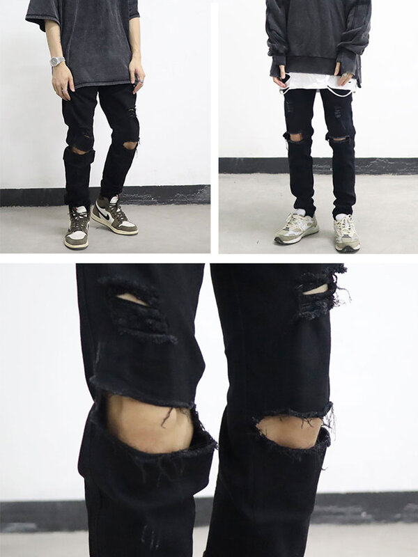 2023 nowa wiosna lato czarny zgrywanie obcisłe dżinsy rurki mężczyźni elastyczny bawełniany kolana złamane z dziurami, dżinsowe spodnie