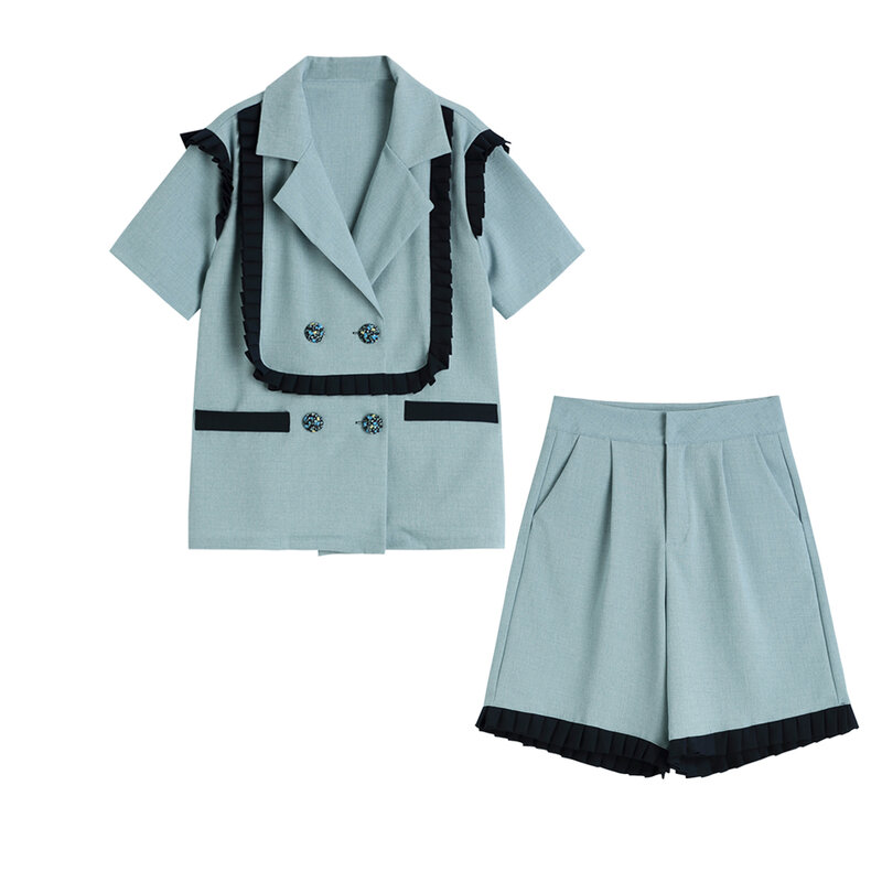 Duas peças conjunto de verão feminino solto duplo breasted manga curta blazer cintura alta shorts calças inglaterra estilo shorts ternos