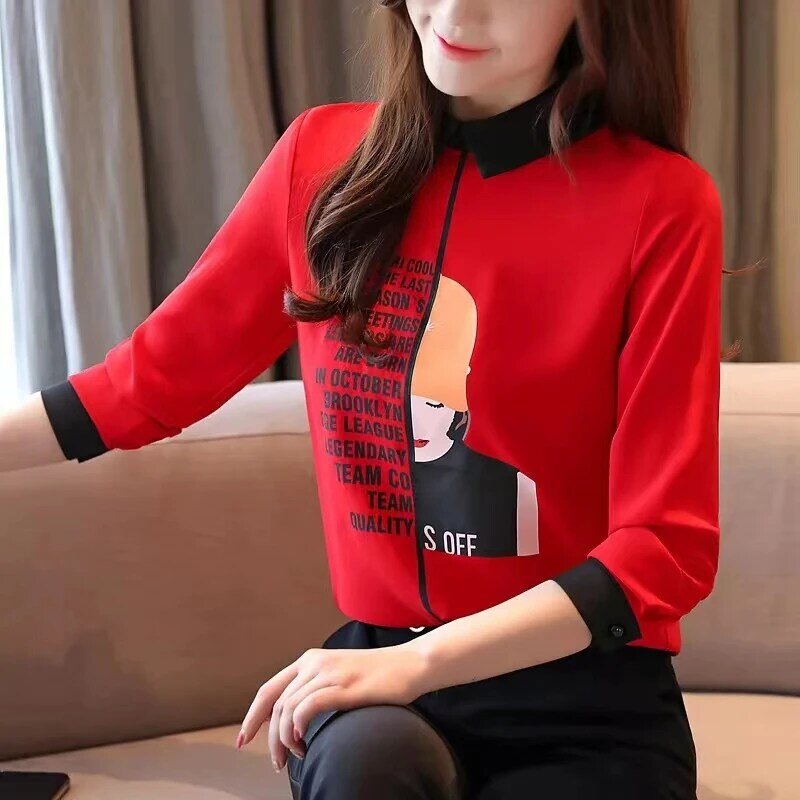 Camicetta da donna in Chiffon camicia Streetwear lettera stampata 2021 nuova manica lunga moda coreana colletto rovesciato top da donna Blusa 936H