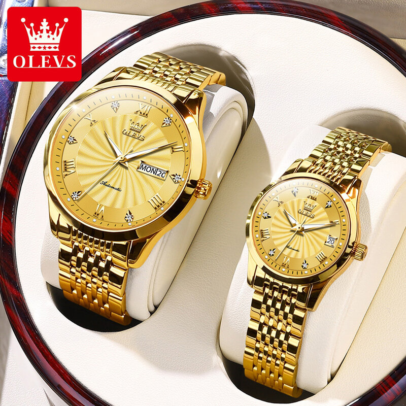 Модные полностью автоматические наручные часы OLEVS для пары, водонепроницаемые механические часы с ремешком из нержавеющей стали для пары