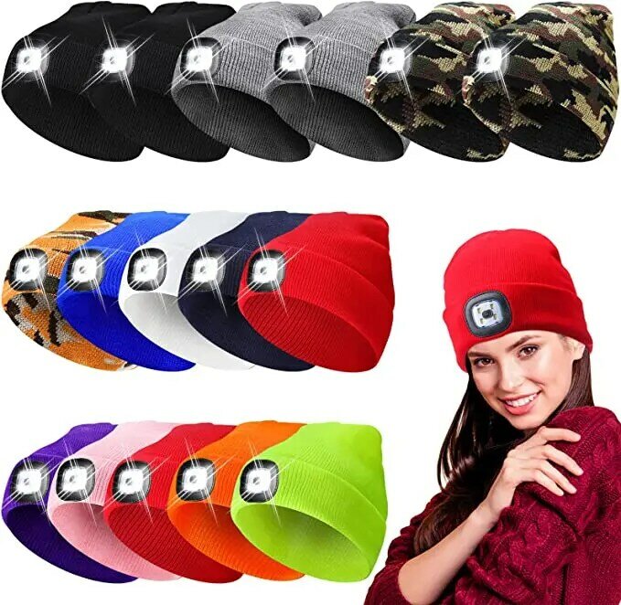 Unisex LED Beanie Torch Hat LED Headlamp Winter Warm Adjustable Knitted Cap with 3 Brightness Levels 4 Bright LED for Camping