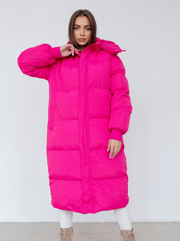 Piumino lungo con cappuccio da donna giacche invernali con bottoni con cerniera da donna di moda allentata 2022 cappotto da donna imbottito in cotone con nuova tasca