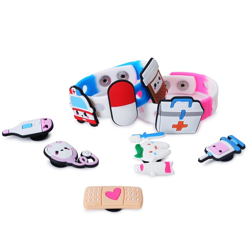 Hot Sale 1pcs Medical Shoe Charms Accessories Cute Stethoscope Syringe PVC Shoe Decoration JIBZ fit Croc Bracelet Kids Gifts