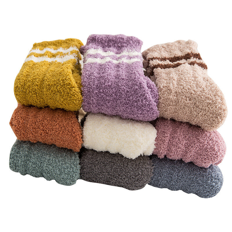 Doce cor inverno quente listra meias em meias térmicas femininas bonito macio elástico coral veludo meias de toalha de chão interior
