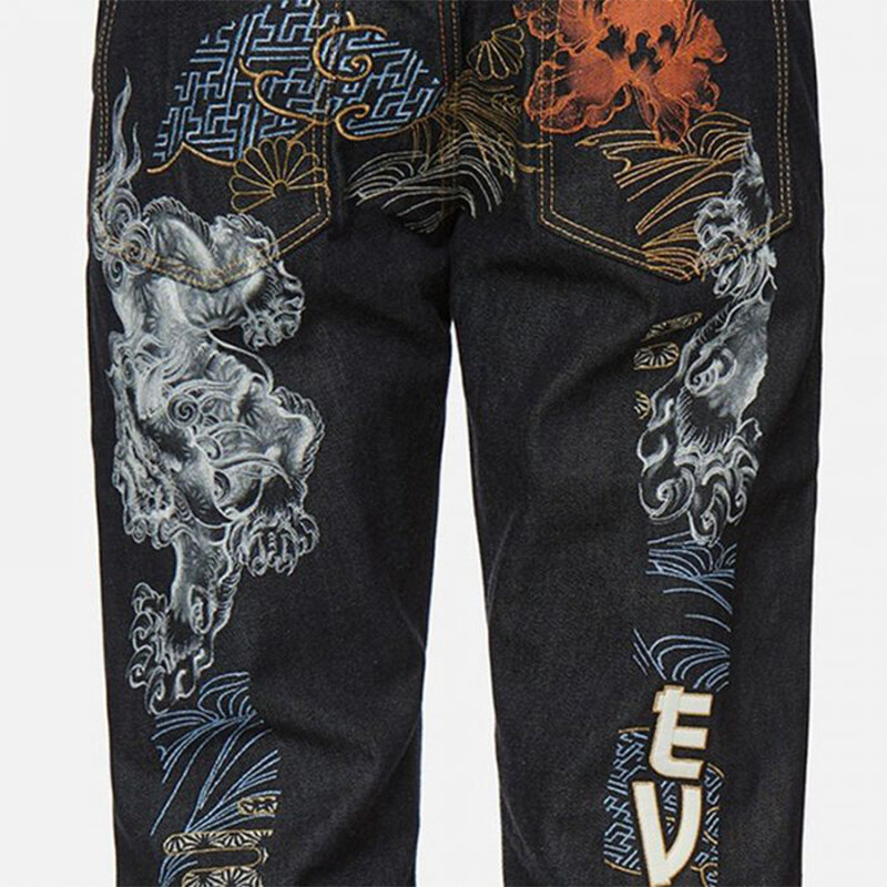 Bordado de estilo japonés Retro Y2k para hombre, pantalones vaqueros ajustados con patrón japonés de perro Koma, 2022