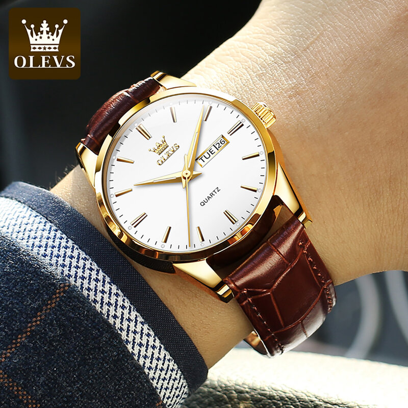 OLEVS-Reloj de pulsera de cuarzo para hombre, cronógrafo con correa de Corium, calendario Dual, resistente al agua, de gran calidad, para negocios