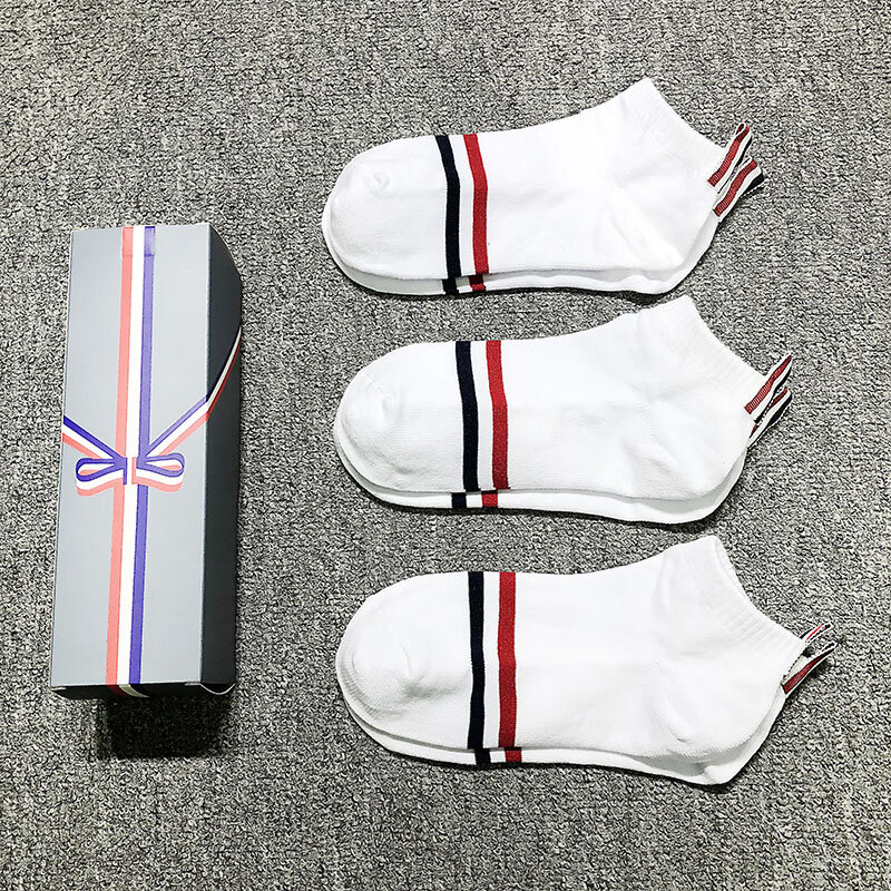 TB THOM Fashion Unisex Socks  Cotton Classic Striped No Show Casual Sports Crew Ankle Socks High Quality Stocking  Ins 3/6Pairs
