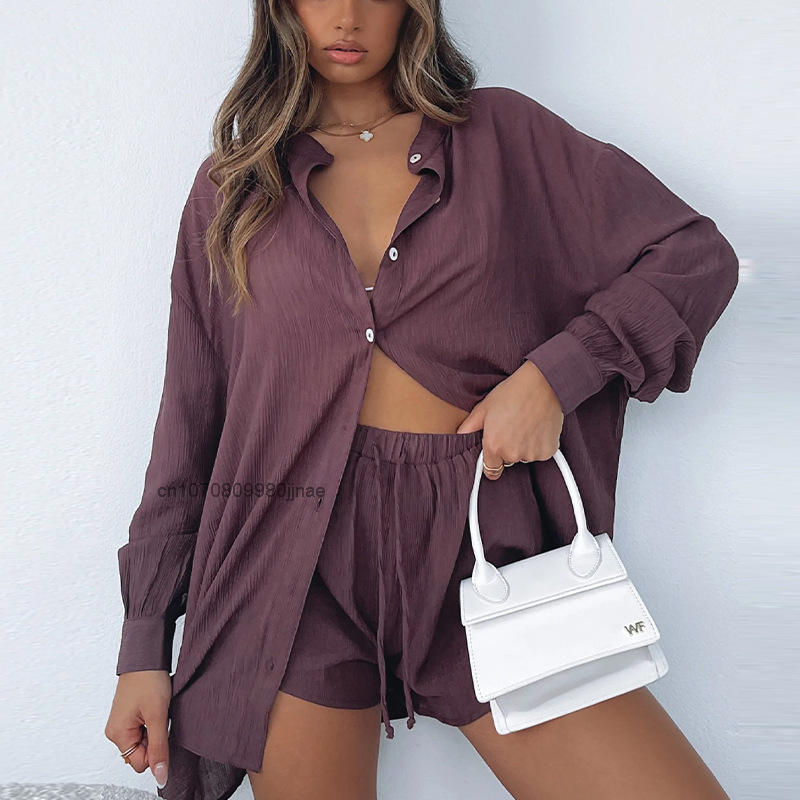 Loose Casual Shirt Set Women Summer Tracksuit Fashion Long Sleeve Blouse And Shorts Two Pcs Pink Sets Elegant Outfits For Ladies